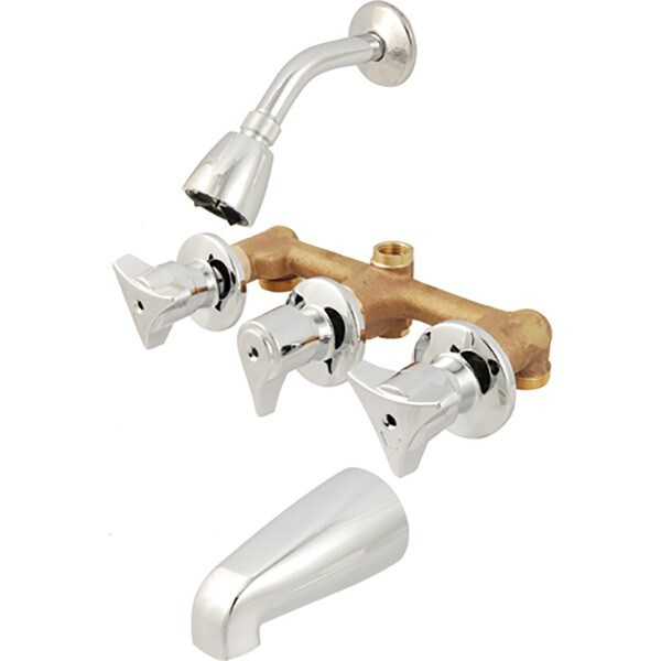 Union Brass Three Handle Tub & Shower Faucet - Chrome, 1/2" Unions and Compression Stems