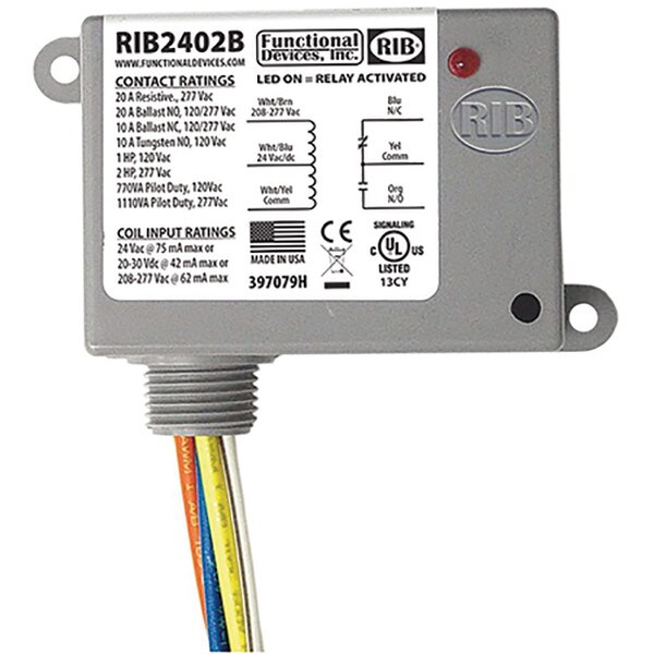 RIB2402B Power Relay, 20 Amp SPDT, 24 Vac/dc/208-277 Vac Coil, NEMA 1 Housing
