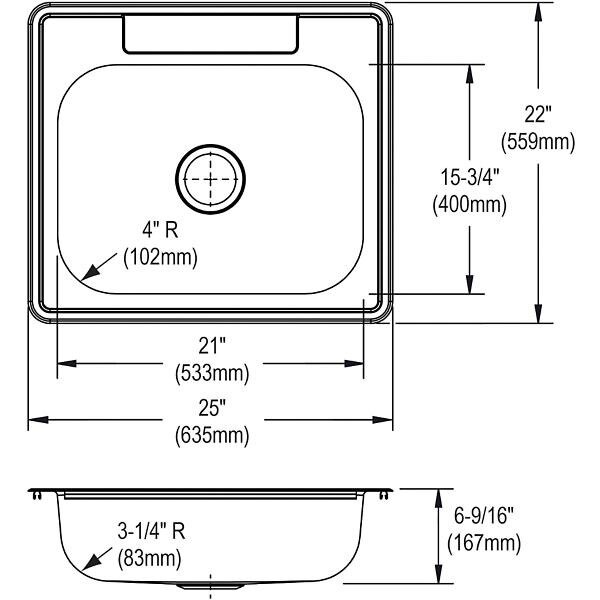Dayton Stainless Steel 25" x 22" x 6-9/16" 3-Hole Single Bowl Drop-in Sink; 22 GAUGE