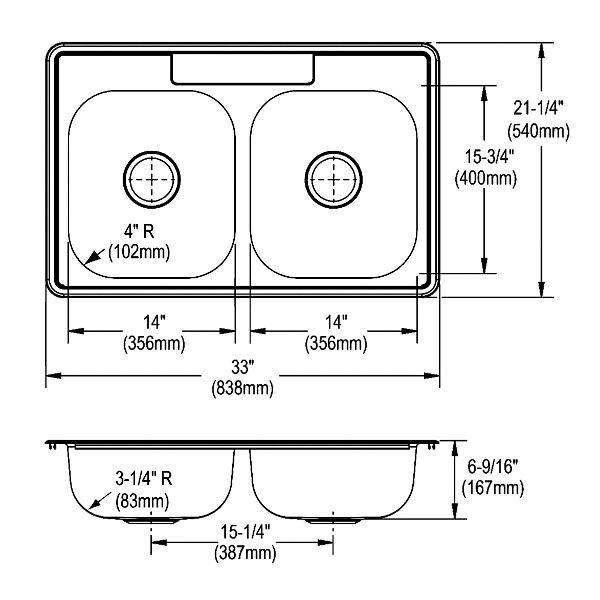 Dayton Stainless Steel 33" x 21-1/4 x 6-9/16" Double Bowl Drop-in Sink; 4 Holes