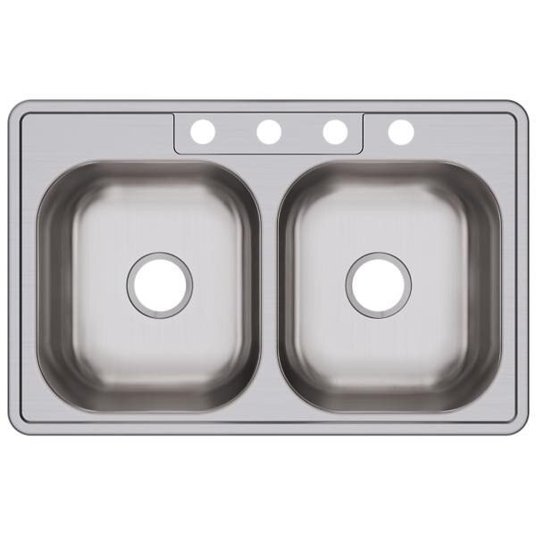 Dayton Stainless Steel 33" x 21-1/4 x 6-9/16" Double Bowl Drop-in Sink; 4 Holes